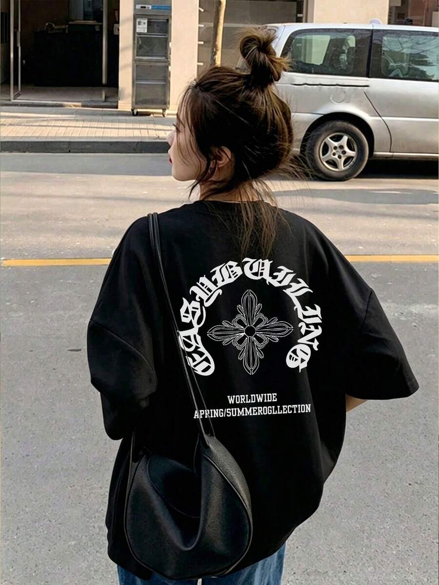 日系女款夏季寬鬆圓領字母印花短袖T恤休閒黑色 - 黑色 - 查看 1