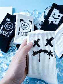 ZHIYITANG 1 Pair/5 Pairs Random Assorted Men's Crew Socks, Black & White Contrast Ghost Face Pattern Design, Creative Fashion High-Quality Breathable Moisture-Wicking Socks, Suitable For Sports, Casual, Street Style, Daily Wear - Multicolor - View 5