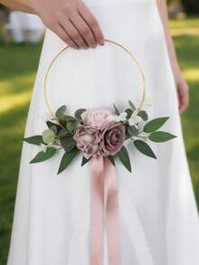 1Pc Gold Hoop Wedding Bouquet With Artificial Roses&Eucalyptus, Satin Ribbon Lace, Bridesmaid Circle Flower Hoop For Wedding Ceremony Photo Prop - Multicolor - View 3