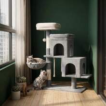 HEXCELEN 95cm Cat Tree For Indoor Cats, Cat Tower With Adjustable Base, Soft Large Platform, Plush Ball, Cat Bed, Scratching Post, Basket, Sisal Rope, Spacious And Sturdy - Light Grey - View 1
