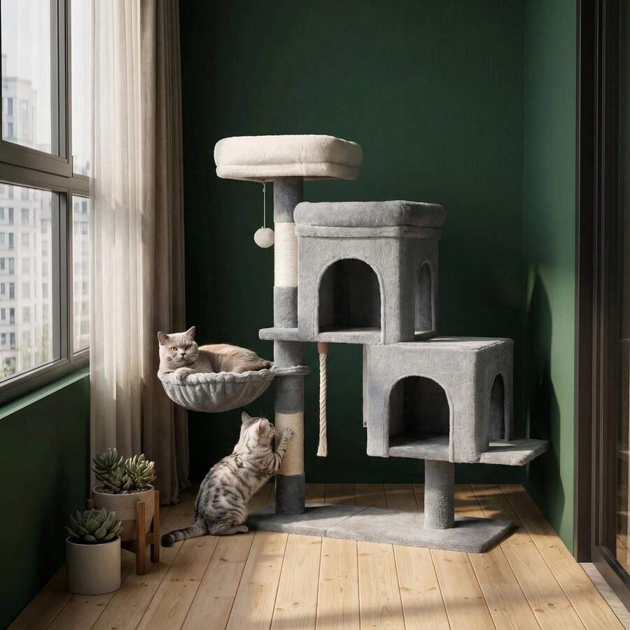 HEXCELEN 95cm Cat Tree For Indoor Cats, Cat Tower With Adjustable Base, Soft Large Platform, Plush Ball, Cat Bed, Scratching Post, Basket, Sisal Rope, Spacious And Sturdy - Light Grey - View 1
