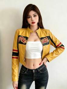 Top Dazzle Chic Women's Yellow Cropped Faux Leather Jacket, Long Sleeve Zipper Baseball Collar Shacket For A Stylish Fall Outfit - Yellow - View 3