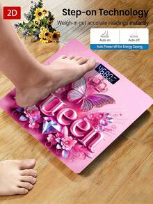 1pc LED Display Electronic Scale, "Queen" Letter With Butterfly And Crown Shiny Pattern, Pink Background, Uses AAA Batteries (Batteries Not Included), Max Weight 400lbs/180kg, With Temperature Detection - Multicolor - View 10