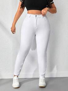 Plus Size White Slim Fit Jeans With Pockets, High Stretch Fabric, Suitable For Casual Autumn Wear - White - View 3