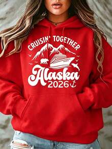Women Hooded Sweatshirt Cruisin Together Alaska 2026 Cruise Ship Mountains Bear And Dolphin Print For Vacation Travel Summer Holidayprinted Sweatshirt - 紅色 - 查看 2