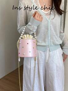 Pearl Beaded Colorful Rhinestone Metal Star Decor Ruched Texture Detachable Metal Chain Portable Drawstring Bucket Bag For Women, Sweet Round Cylinder Handbag For Travel, Shopping, Dating, Exquisite Niche Crossbody Shoulder Bag, Fresh Versatile - Pink - View 7
