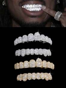 THATBOY 2pcs CZ Grillz Teeth Covers Set, 10 Teeth Coverage, Hip Hop Rapper Cosplay Shiny Punk Teeth Caps, Instant Smile Upgrade, Unisex - Multicolor - View 3