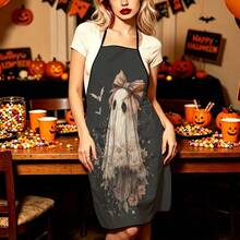 1pc Halloween Lace Ghost Print Apron, Featuring Bow Ghost, Withered Leaf, Bat, Spider Web Patterns, Durable Cooking Apron Suitable For Bakers, Cake Decorators, BBQ Enthusiasts, Gardeners, Painters, Nail Artists - Perfect Gift For Home And Professional Chefs - Multicolor - View 2