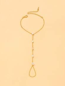 FAAABULS 1pc INS Rhinestone Finger Chain Bracelet For Women, Elegant Delicate Hot Girl Style Rhinestone Back Of Hand Chain Fashion Accessory - Gold - View 2