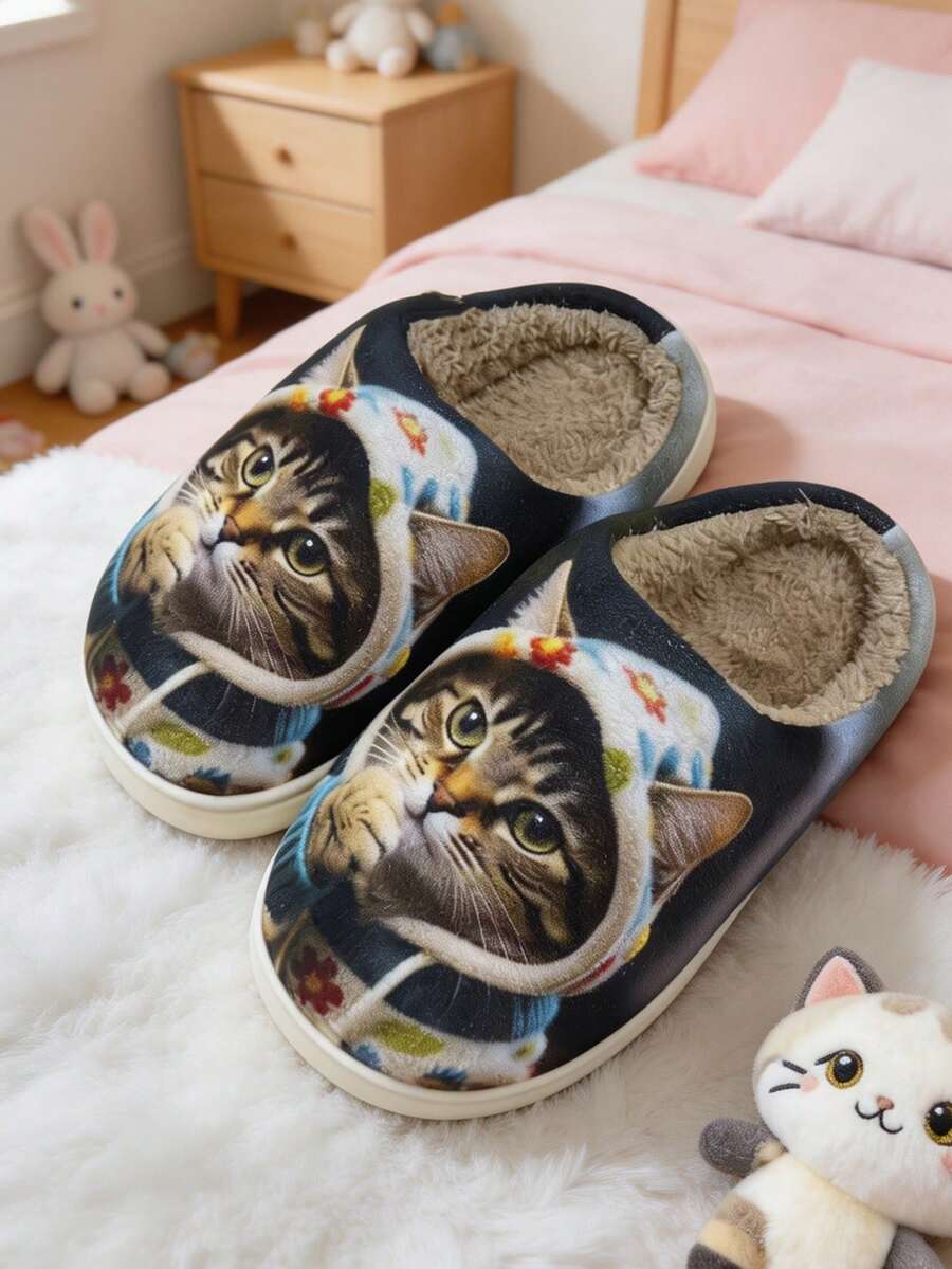 Sandal Hangat Dekoratif Motif Kucing Biru Kartun Lucu dan Modis, Cocok untuk Anak-Anak