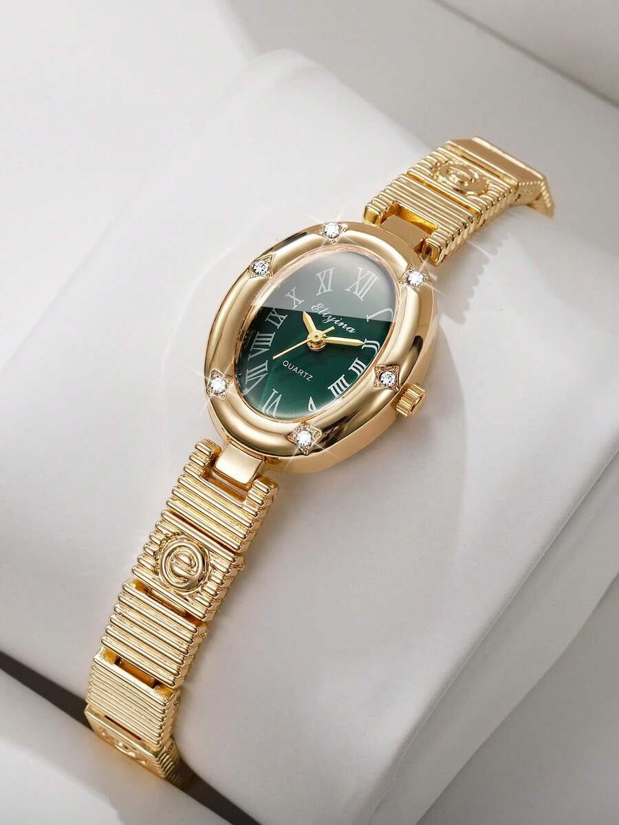 Women's Bracelet Watch Oval Dial With Rhinestones And Roman Numerals, Elegant Quartz Watch, Gift For Girlfriend (1pc/Set) Watch Box Not Included - Gold - View 1