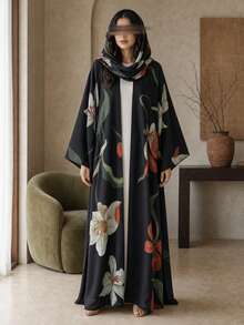 Hafizah Abaya Kasual Wanita Motif Bunga Terbaru dengan Bukaan Depan dan Jilbab, Cocok untuk Pemakaian Sehari-hari - Hitam - View 4