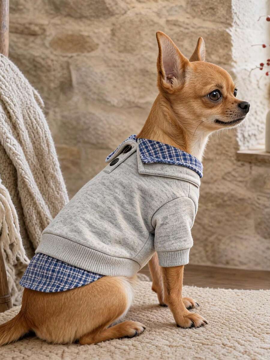PETCIRCLE 1件寵物衣服,戶外與室內穿著,適用於貴賓犬、泰迪犬、小型犬與幼犬的歐韓風休閒舒適藍色格紋領連帽衫 - 彩色 - 查看 1