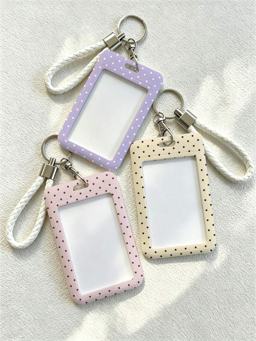 New Minimalist Polka Dot Pattern (Randomly Distributed Print) Card Holder (Card Holder + Keychain), Suitable For Student ID, Meal Card, Transit Card, Access Card And More, Functions As Bag Charm, Keychain, Wallet And Bank/Credit Card Storage, Equipped With Sliding Cover Design And Lanyard, Made Of Durable Plastic Material, Sturdy And Long-Lasting, Effectively Protects Work ID, Essential For Holiday Travel And University Life - Multicolor - View 1