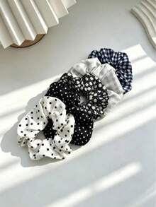 5pcs Vintage Brown Hair Scrunchies Set, Polka Dot & Plaid Print Hairbands, Essential For Daily Styling - Black - View 4