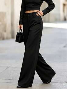1pc Women's Fashion Commute Woven Fabric Casual Flare Leg Suit Pants Office Daily Work Black Trousers Spring Autumn - Black - View 3