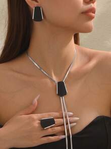 3pcs/Set New Creative Trapezoid Geometric Asymmetric Tassel Necklace, Earrings & Ring Jewelry Set, With "Trapezoid" As The Core Visual Element, Matte Black Material Paired With Shiny Gold Metal Trim, Creating A Strong Texture Contrast, Suitable For European And American Party, Street, Runway Scenes (Black Version Can Remove Protective Film) - Silver - View 4