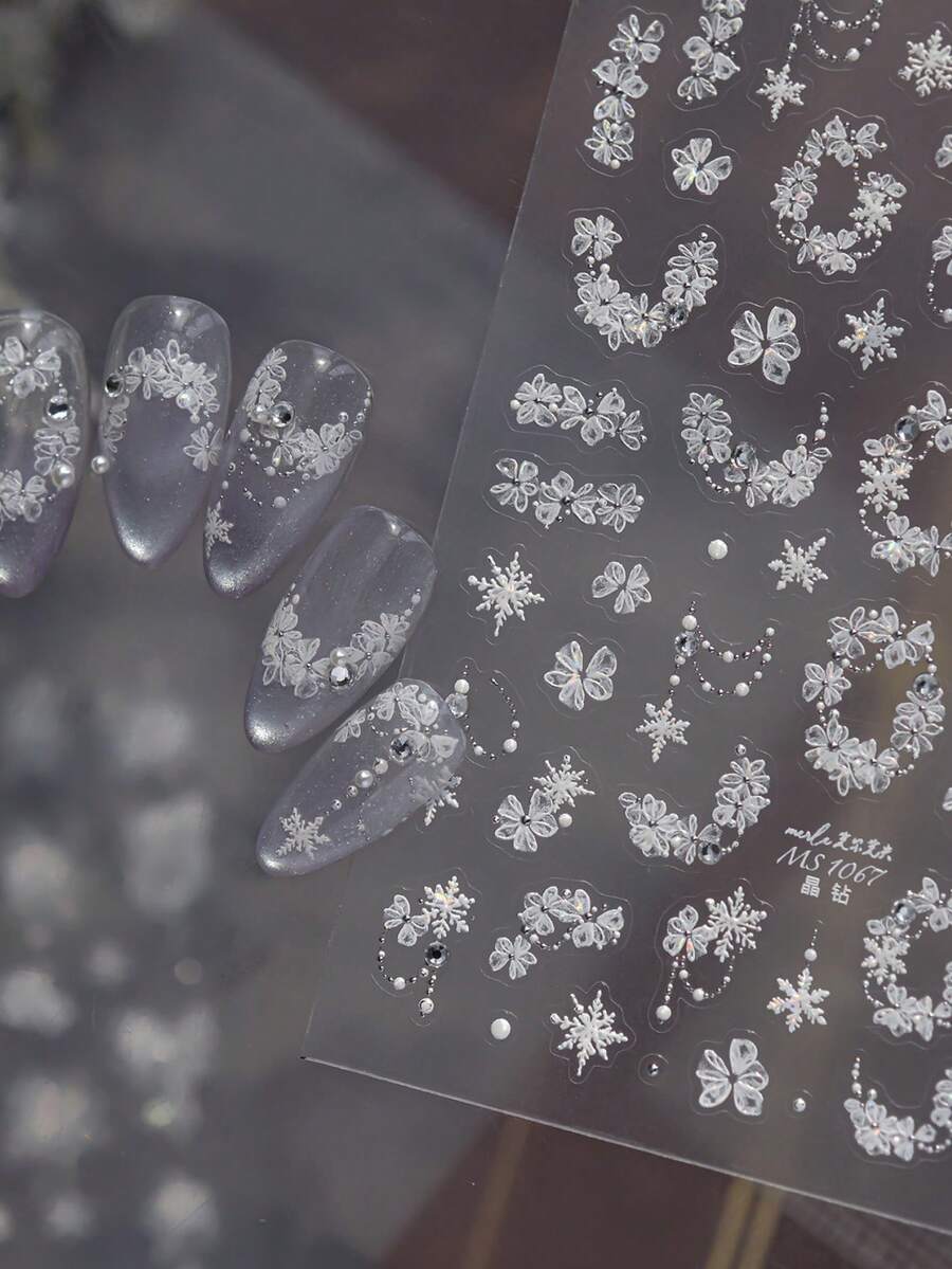 1 Crystal Diamond 3D White Flower Nail Sticker, Snowflake Pearl Chain Embossed Nail Charm Sticker, Elegant White Flower Nail Art Decoration - Multicolor - View 1