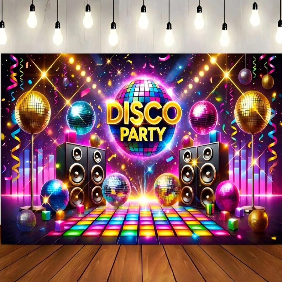 1. Banner Pesta Disko Retro, Latar Belakang Poliester, Dengan Lantai Dansa dan Bola Lampu Warna-warni, Dapat Digunakan di Mana Saja, Tidak Membutuhkan Daya, Dengan Properti Photo Booth, Cocok untuk Berbagai Dekorasi Perayaan