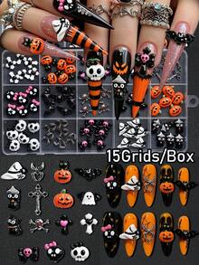 15-Grid Cute & Spooky Halloween Mixed Nail Art Charms, 3D Resin Pumpkin, Ghost, Black Cat, Bat, Bow, Skull & Silver Cross Alloy Nail Studs, Cute Gothic Style Mini Nail Decorations, Holiday DIY Nail Art Supplies - Multicolor - View 2