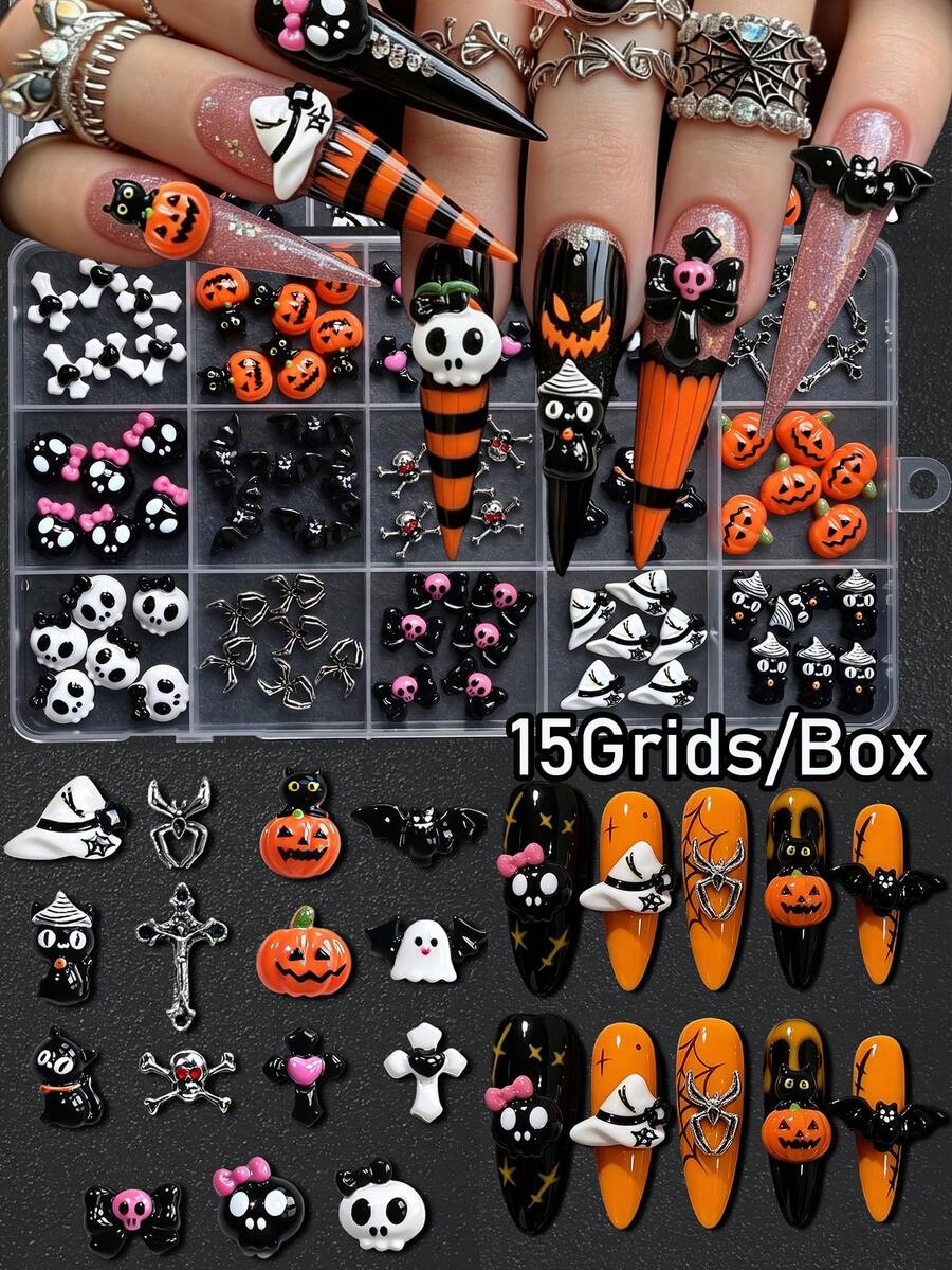 15-Grid Cute & Spooky Halloween Mixed Nail Art Charms, 3D Resin Pumpkin, Ghost, Black Cat, Bat, Bow, Skull & Silver Cross Alloy Nail Studs, Cute Gothic Style Mini Nail Decorations, Holiday DIY Nail Art Supplies