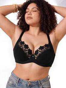 1pc Plus Size Women's Wireless Lace Bra, Breathable Anti-Slip, High Support, Adjustable Straps, Seamless Design, Suitable For Daily Wear - Black - View 6