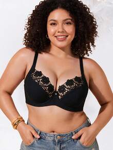 1pc Plus Size Women's Wireless Lace Bra, Breathable Anti-Slip, High Support, Adjustable Straps, Seamless Design, Suitable For Daily Wear - Black - View 7