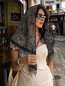 1pc Women's Solid Color Lace Embroidered Triangle Scarf, Hollow Embroidered Triangle Shawl, Multi-Functional Tassel Chiffon Scarf, Bohemian Style Suitable For All Seasons Daily Wear - B-lace Embroidered Triangular Scarf - View 15