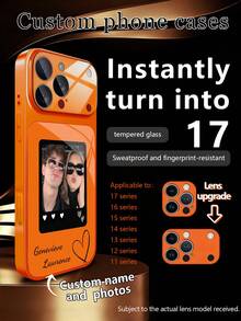 1pc DIY Customized Couple Photo & English Name Dual Custom Luxury Fashion Large Window Tempered Glass With Lens Protection Anti-Drop Phone Case Compatible With Apple Duo/18ProMax/17ProMax/16Pro/15/14Plus/13Pro/12ProMax/11 Phone Accessories Full Coverage Premium Protective Cover - Orange - View 7