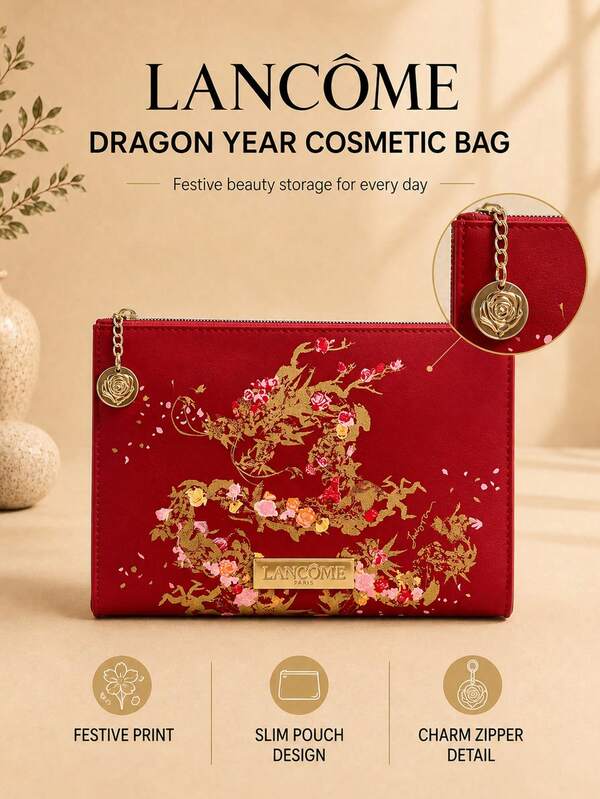 Lancôme Year Of The Dragon Red Envelope Makeup Bag 21*17cm, Featuring Gold-Plated Dragon Pattern And Rose Charm, Spacious Capacity, Perfect For Daily Makeup Storage And Gifting