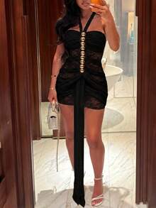 DOUCIU Sheer Mesh Halter Neck Backless Sexy Dress, Nightclub Style - Black - View 4