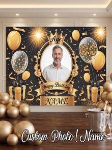 1pc - Customized Happy Birthday Backdrop, Customized Black & Gold Theme Printed Poster - Personalized Birthday Party Customized Photo And Name Poster - Suitable For Party Decorations, Birthday Gifts, Gallery Decor And Photo Props, Party Decorations, Unique Personalized Background Photography And Display, Party Decorations, Multi-Functional, Durable, Decorative, Summer Holiday - Multicolor - View 3