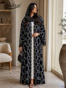 Hafizah Women's New Polka Dot Chiffon Cardigan Abaya With Headscarf, Lace Patchwork Fashion Long Robe - Black - View 2