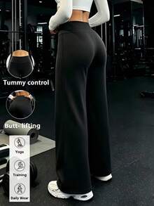 Women's High Waist Solid Color Butt-Lifting Wide Leg Pants, Slim Fit Elastic Comfortable Casual Long Pants, Suitable For Daily Wear - Black - View 2
