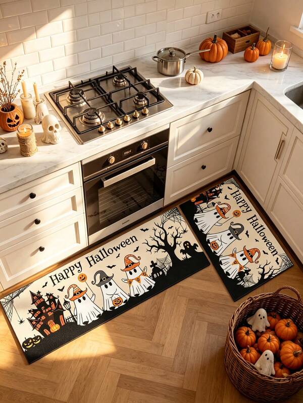 1/2pcs Halloween Ghost Pattern, Vintage Diatomaceous Earth Bath Mat, Super Absorbent, Non-Slip, Perfect For Bathroom, Kitchen And Dining Room, Quick Dry, Machine Washable, Perfect Gift For Home Decor And Bathroom Mat