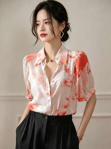 YUXIN 女士夏季百搭水洗衬衫，复古优雅领口花瓣袖宽松休闲通勤上衣 红色 - 紅色 - 查看 2