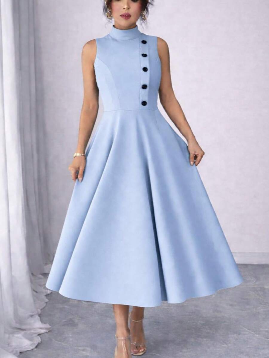 Elegant Sleeveless High Neck Midi Dress For Women, Side Button Detail, Chic Casual And Party Tailored Dress - azul bebe - 查看 1