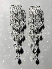 1 Pair Transparent Water Drop Rhinestone Multi-Layer Tassel Earrings, Long Waterfall Drop Earrings For Bridal Wedding Dress, Elegant Women's Earrings - Silver - View 5