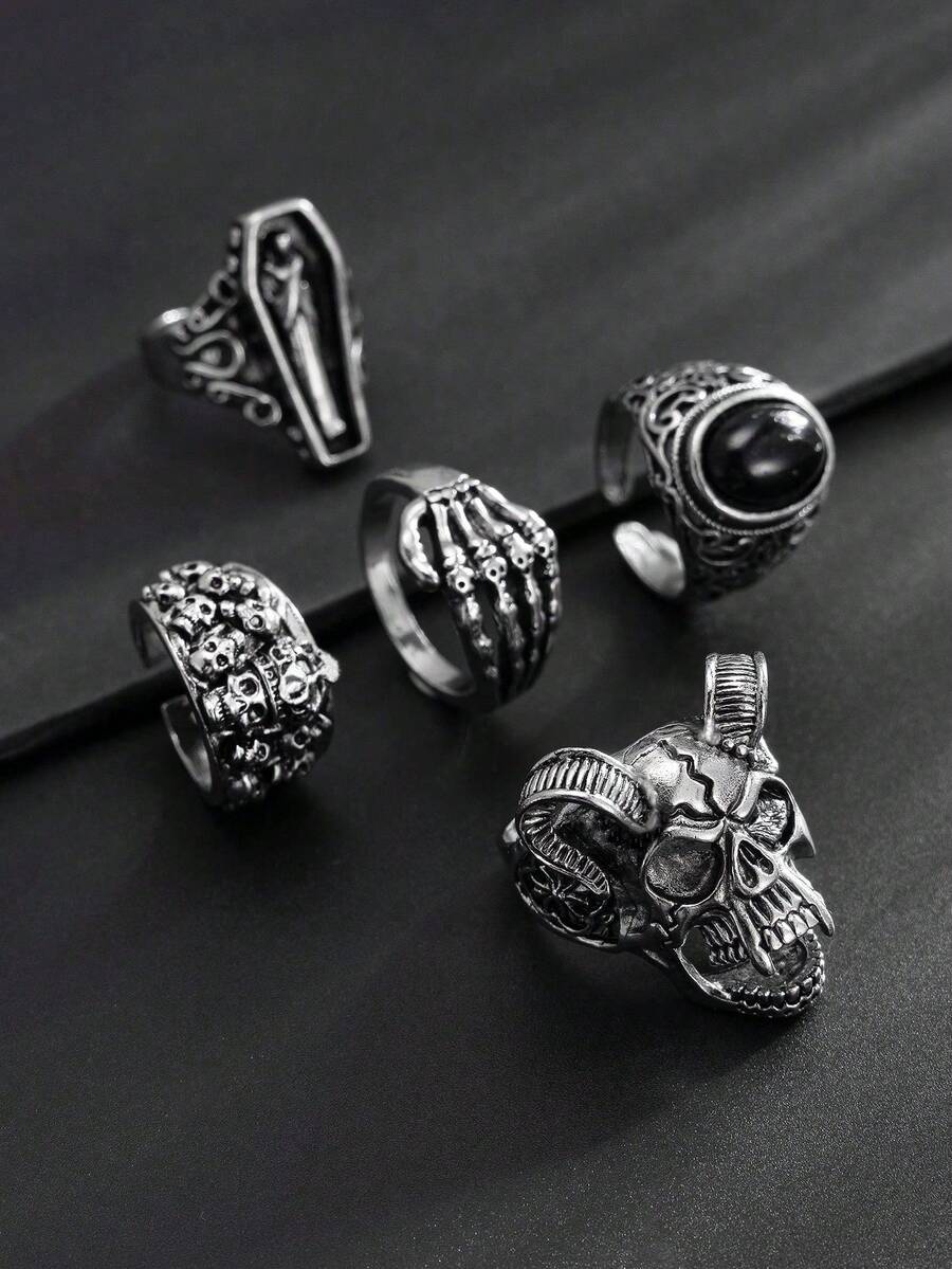 5pcs Punk Style Skull & Gemstone Decorated Ring Set For Men, Party Accessory - Antique Silver - View 1