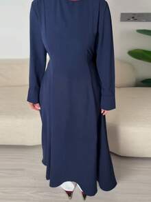 Women's Elegant Casual Round Neck Long Sleeve Minimalist Split Long Robe/Dress 2-In-1 (Zipper Adjustable Split) Solid Color Back Tie Zipper For Daily Wear And Dating - Royal Blue - View 4