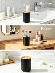 This Innovatively Designed Black Toothbrush Cup With Lid Is Made Of Durable Plastic, Perfect For Storing Oral Care Products. It Can Also Be Used As A Household Item, Toothbrush Holder, Home Decor, Storage Box, And Bathroom Personal Care Accessory. - Multicolor - View 5