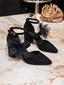 Black Pointed Toe Double Strap Chunky Heel Sandals, Tulle Flower Ankle Strap High Heels, Suitable For Evening Party - Black - View 2