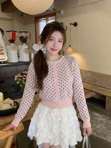 Autumn New Sweet Slimming Polka Dot Print Knit Cardigan Versatile Top For Women - Pink - View 1