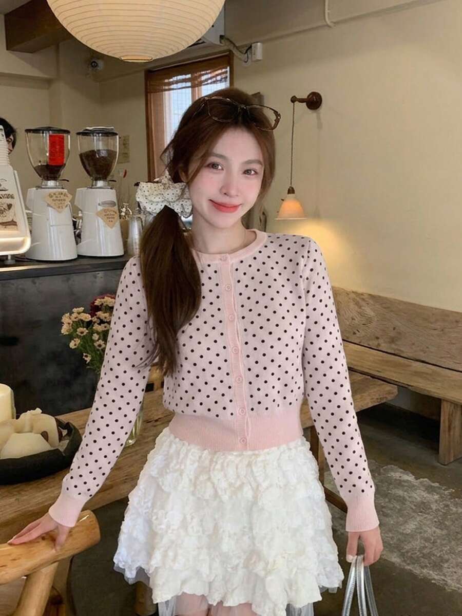 Autumn New Sweet Slimming Polka Dot Print Knit Cardigan Versatile Top For Women - Pink - View 1