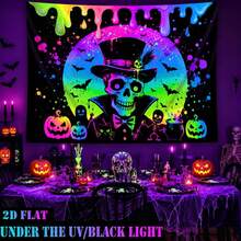 2D Flat, 1pc QD_VIVIOS Halloween Skeleton And Pumpkin Pattern Fluorescent Art Tapestry, UV Fluorescent Reactive Wall Hanging, Bedroom Decor - Multicolor - View 9