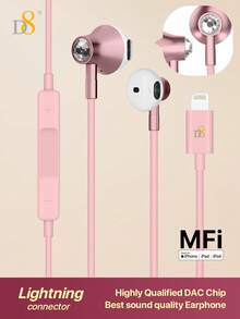 D8 1pc MFi Certified Lightning Earphones, Noise Isolating, With Built-In Remote Control For Music, Calls And Volume, Compatible With IPhone 14/13/12/11/XR/XS/X/8/7/SE/Pro/Pro Max - Pink - View 12