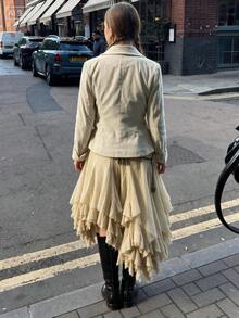 Women's Beige Woven Vintage Jacket, Lapel Collar, Long Sleeve, Gold Button Decor, Gender-Neutral Streetwear Outerwear For Autumn, Back To School Teacher's Day Regular Length Flight Jacket Style, Halloween And Christmas Jacket, Ribbed Fabric Non-Stretch - Champagne - View 7