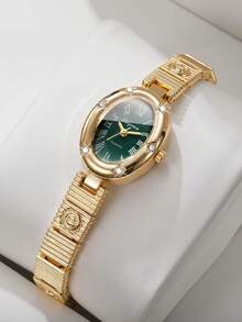 Women's Bracelet Watch Oval Dial With Rhinestones And Roman Numerals, Elegant Quartz Watch, Gift For Girlfriend (1pc/Set) Watch Box Not Included - Gold - View 10