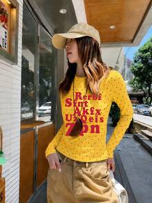 Women's Red Letter Print Fitted Cropped T-Shirt, Niche Polka Dot Design Autumn Round Neck Long Sleeve Base Layer Casual - Yellow - View 5