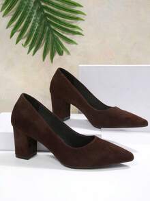 Women's High Heel Pumps, Chunky Square Heel, Spring/Autumn, Block Heels, Fine Suede Coated Fabric, Solid Color, No Print, Pointed Toe, Low Vamp - Coffee Brown - View 7